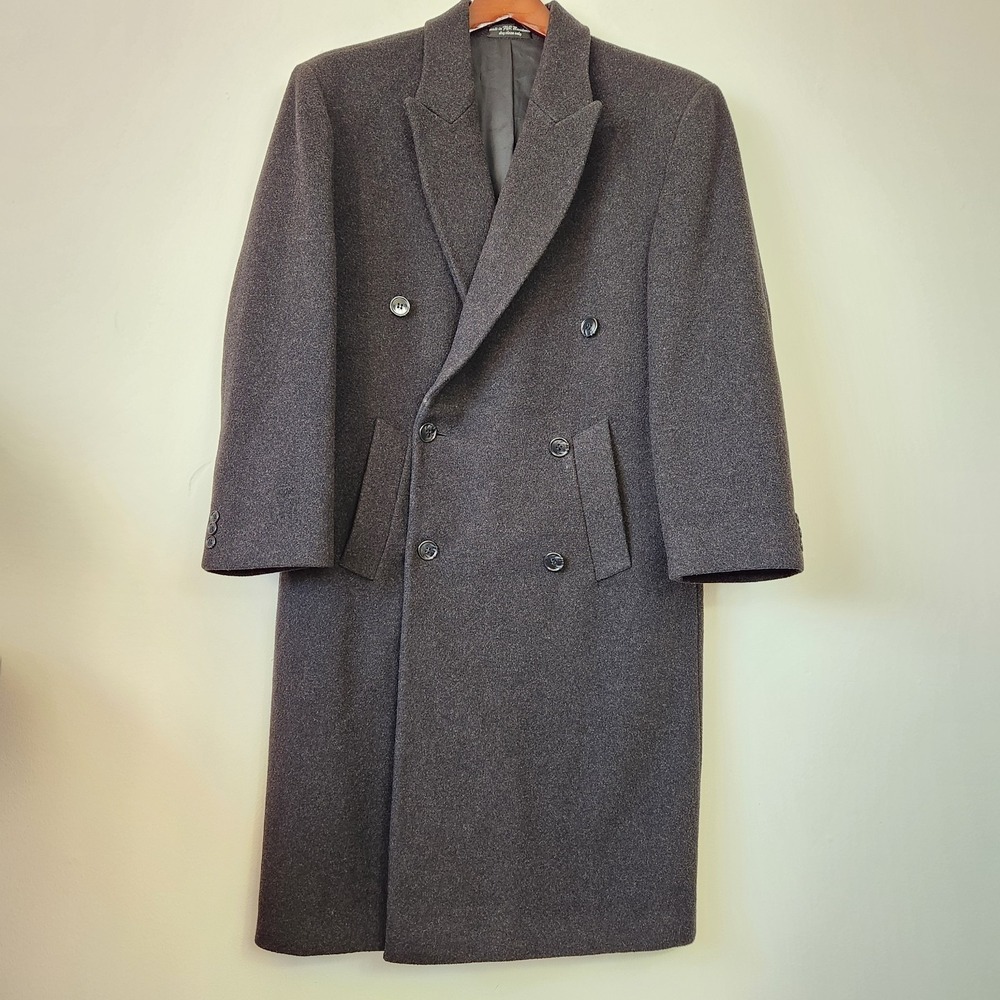 Vintage Kasper Cashmere Blend Overcoat Mens 36XS Double Breasted 90s Old Money